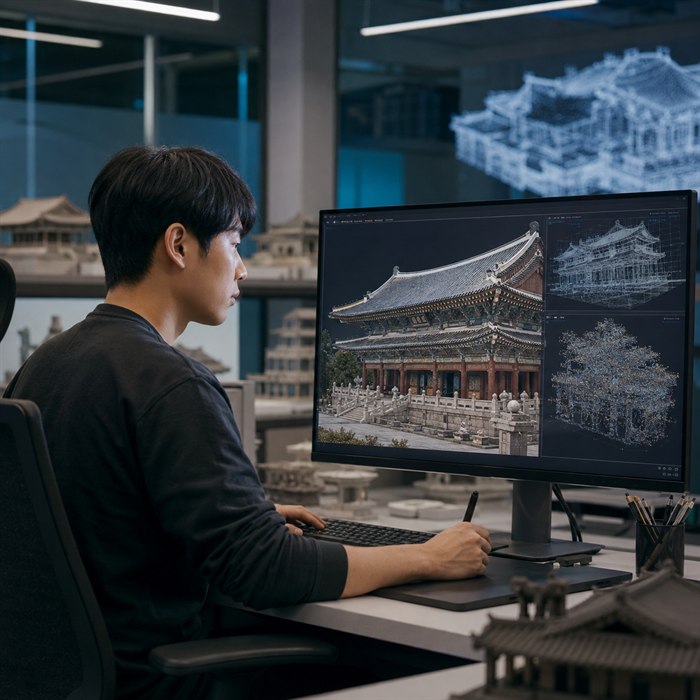 전통 건축물의 디지털트윈과 3D 모델을 제작하는 모습